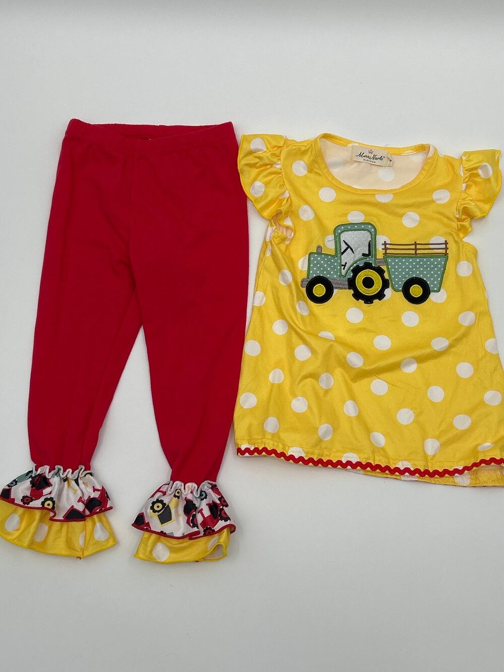 Marie Nicole Clothing 2T Tractor Polka Dot Ruffle Outfit Set Yellow Red Girls